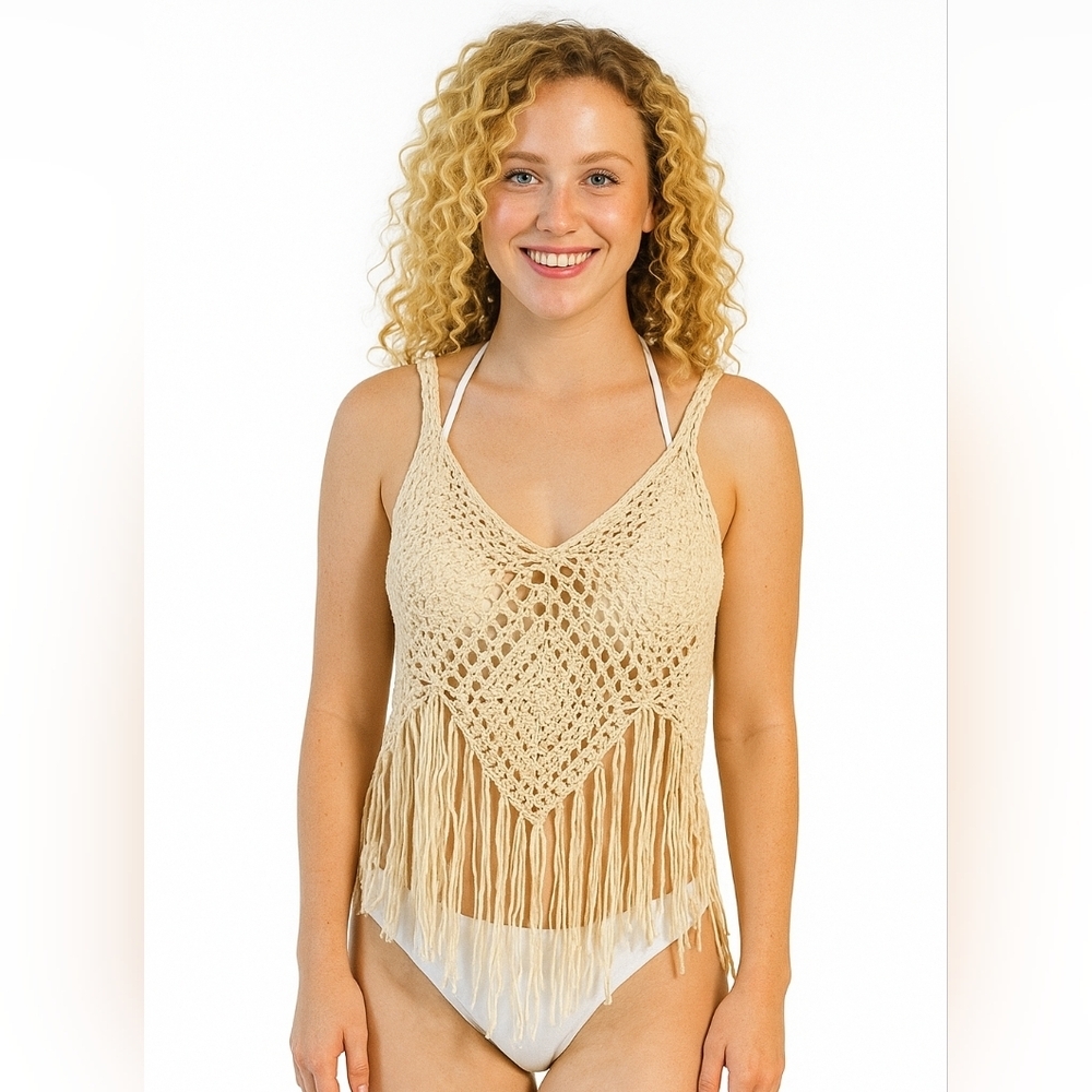 Hand Crafted Crochet Granny Square Top Beige Rhombus